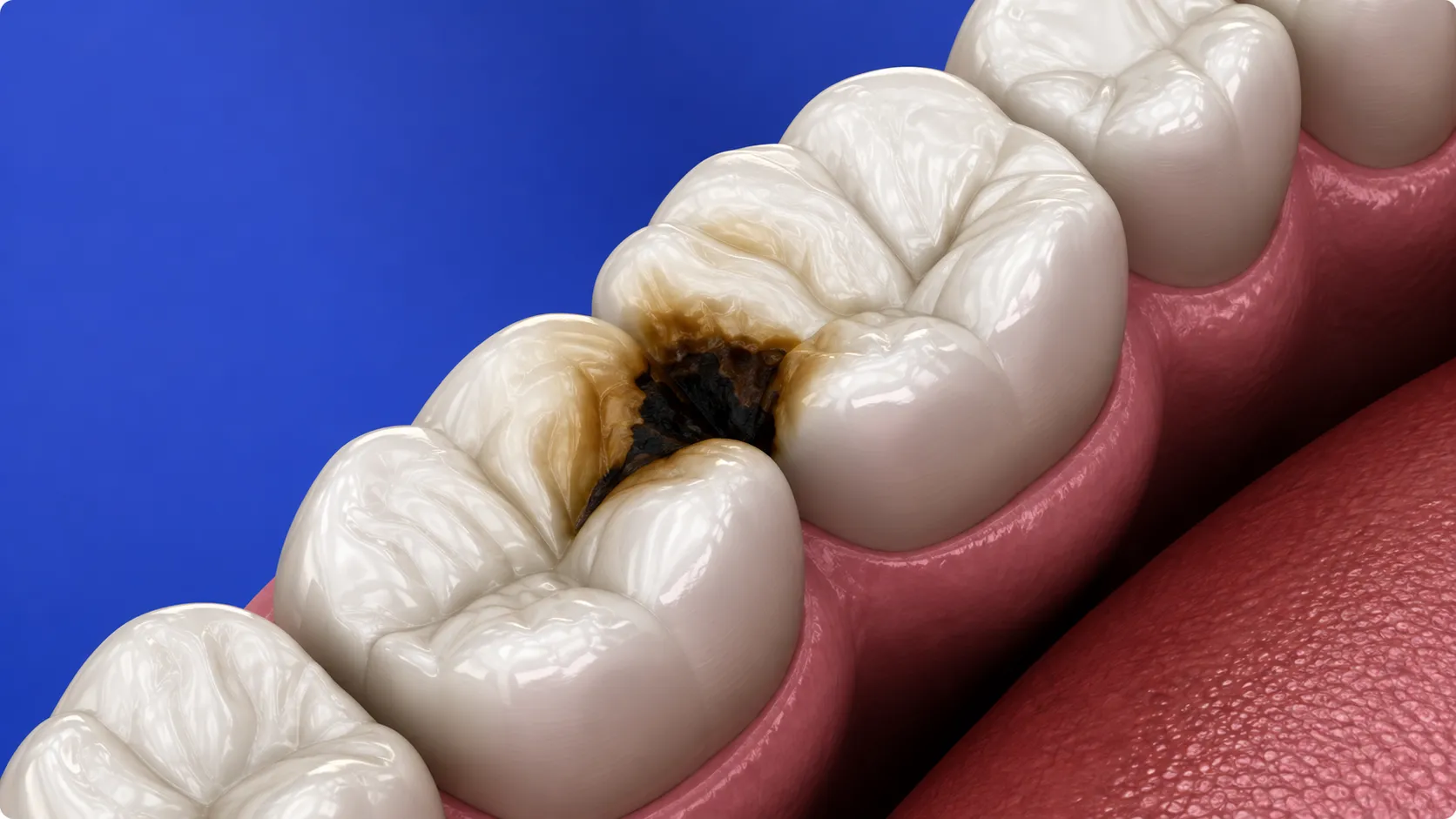 endodonzia-devitalizzazione-dente-studio-dentistico-favro-cuneo Dente molare con una carie profonda visibile sulla superficie masticatoria