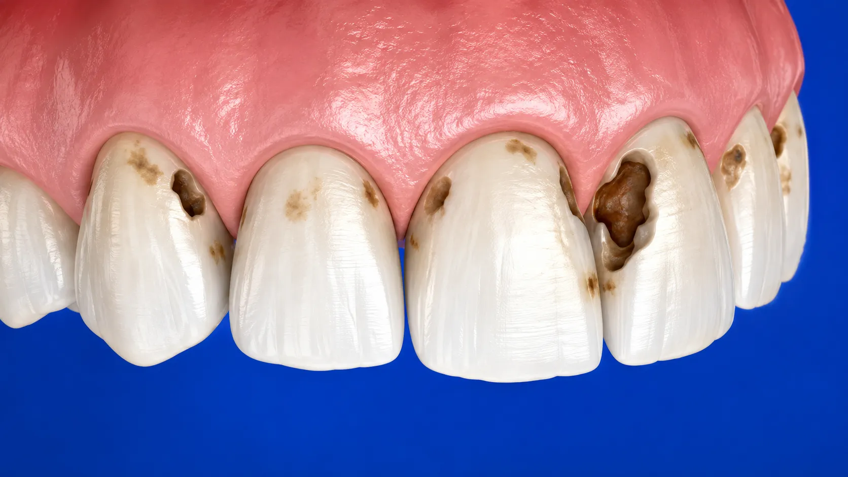odontoiatria-conservativa-carie-studio-dentistico-favro-cuneo Denti anteriori con carie e lesioni della struttura dentale prima di un trattamento restaurativo conservativo