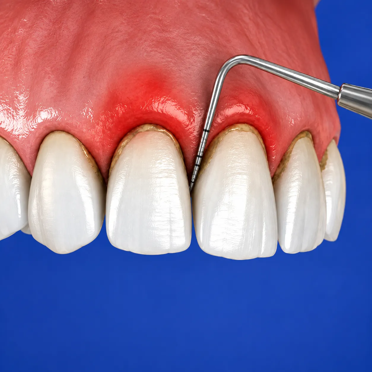 parodontologia-brescia Illustrazione di sondaggio parodontale con arcata dentale tartaro sui denti e gengive infiammate