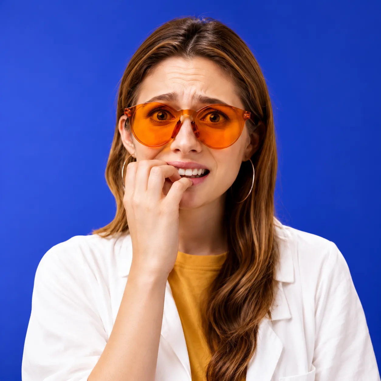 sedazione-cosciente-dentista donna su sfondo blu che è preoccupata perchè ha paura di andare dal dentista
